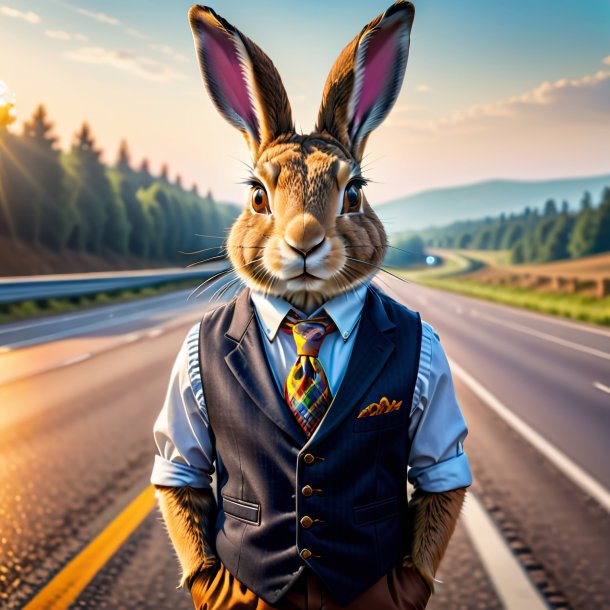 Image of a hare in a vest on the highway