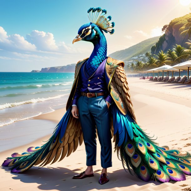 Illustration of a peacock in a trousers on the beach