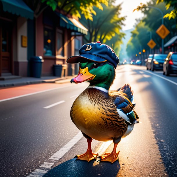 Pic of a duck in a cap on the road