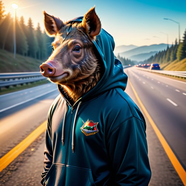 Foto de un jabalí en una sudadera con capucha en la carretera