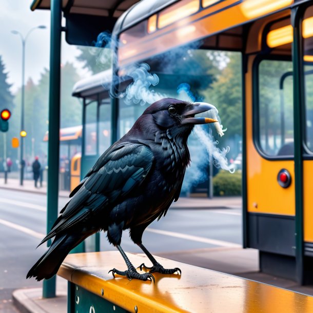 Pic d'une cigarette d'un corbeau sur l'arrêt de bus