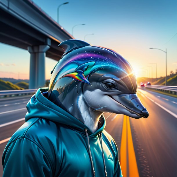 Drawing of a dolphin in a hoodie on the highway