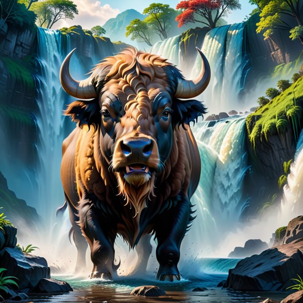 Photo of a crying of a buffalo in the waterfall