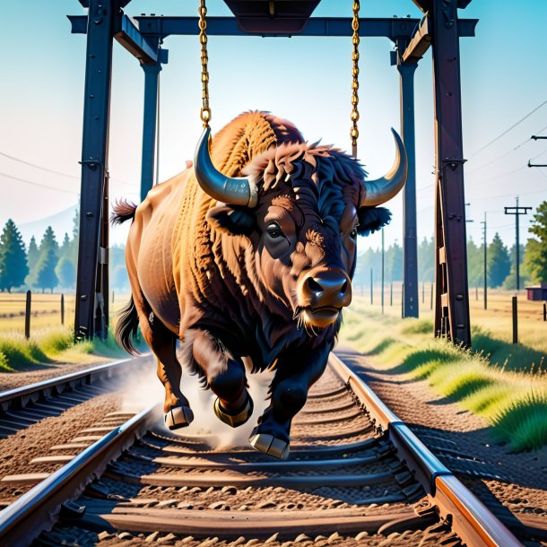 Picture of a swinging on a swing of a bison on the railway tracks