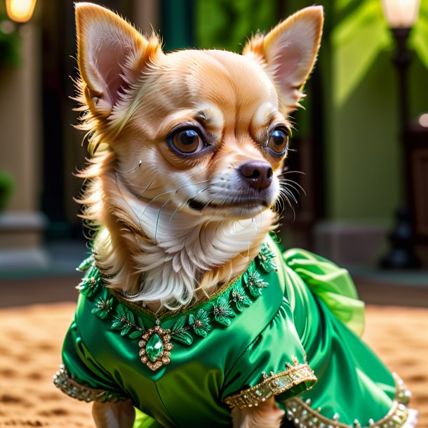 Pic of a chihuahua in a green dress