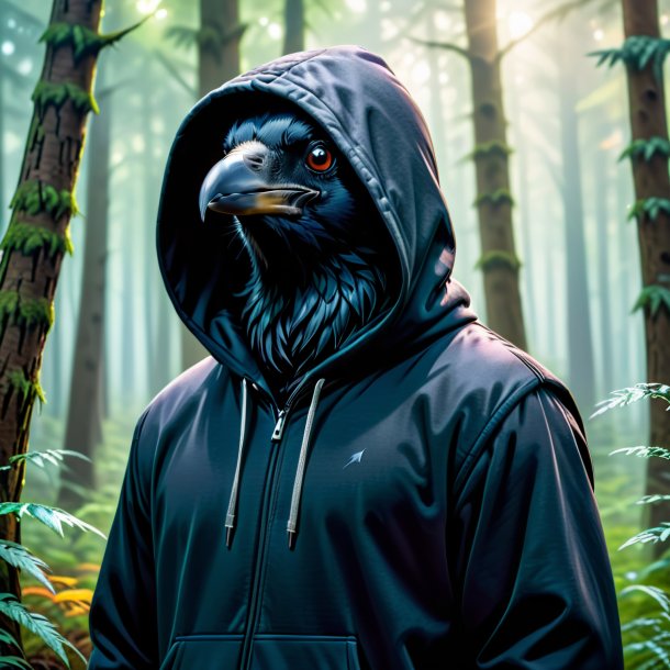 Picture of a crow in a hoodie in the forest