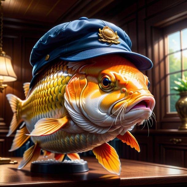 Illustration of a carp in a cap in the house