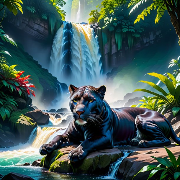 Pic of a resting of a panther in the waterfall