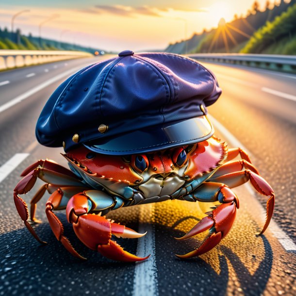 Foto de um caranguejo em um boné na rodovia