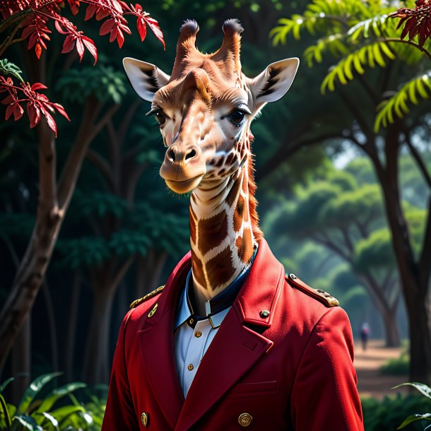 Imagem de uma girafa em um casaco vermelho