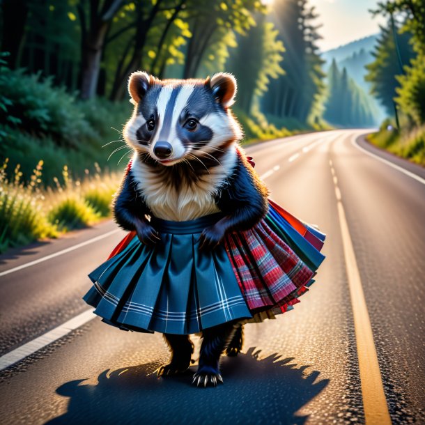 Image of a badger in a skirt on the road