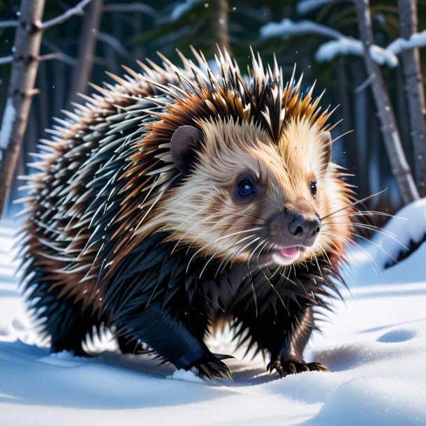 Image of a swimming of a porcupine in the snow