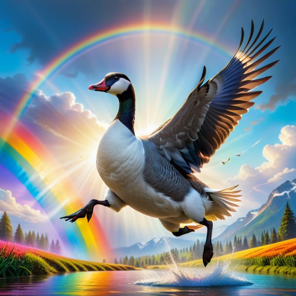 Picture of a jumping of a goose on the rainbow