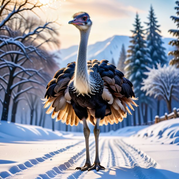 Photo of a ostrich in a skirt in the snow