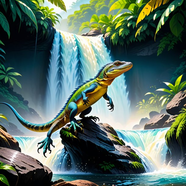 Picture of a jumping of a monitor lizard in the waterfall