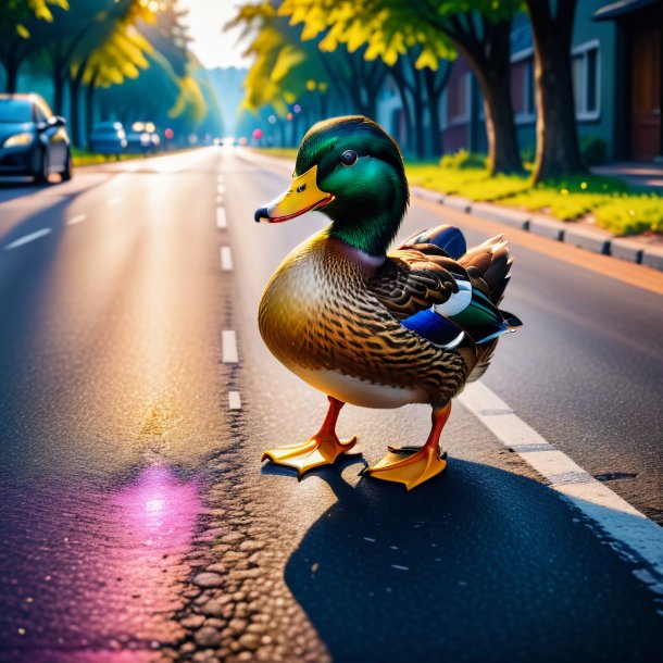 Foto de um pato em um sapatos na estrada