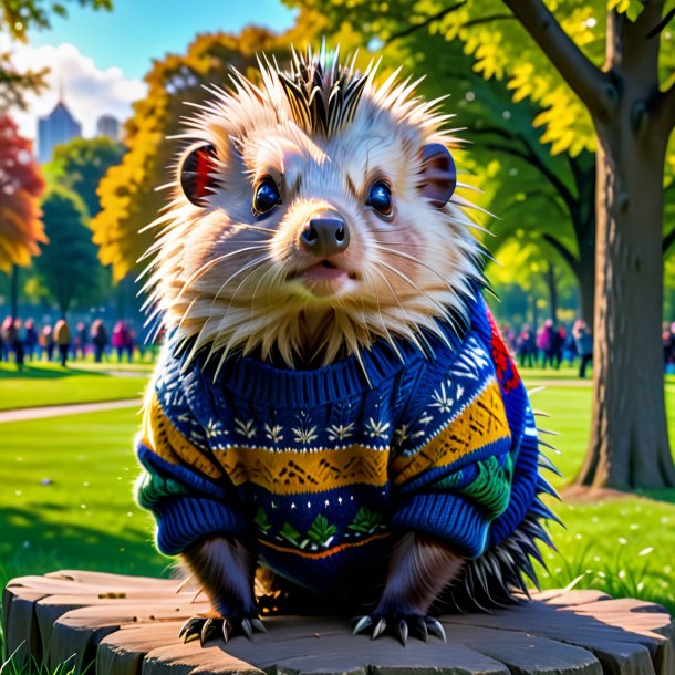 Foto de un puercoespín en un suéter en el parque