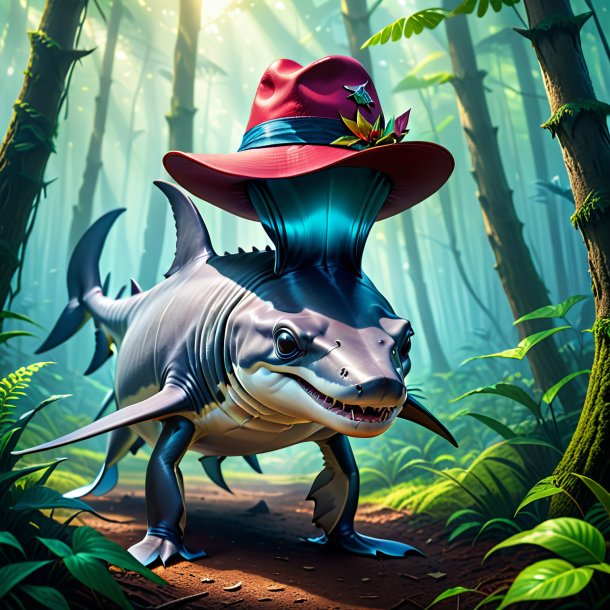 Illustration of a hammerhead shark in a hat in the forest