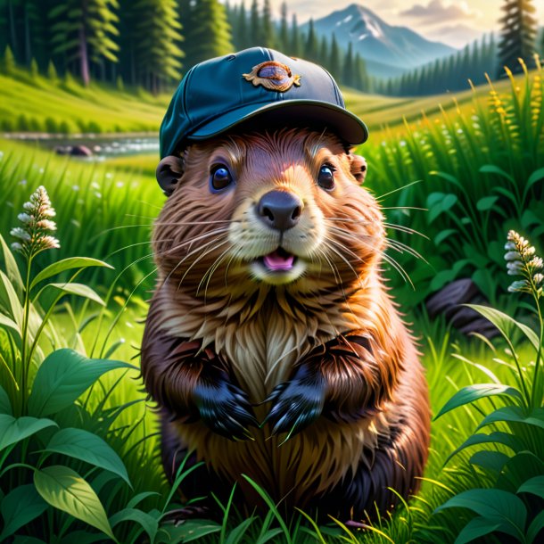 Illustration of a beaver in a cap in the meadow