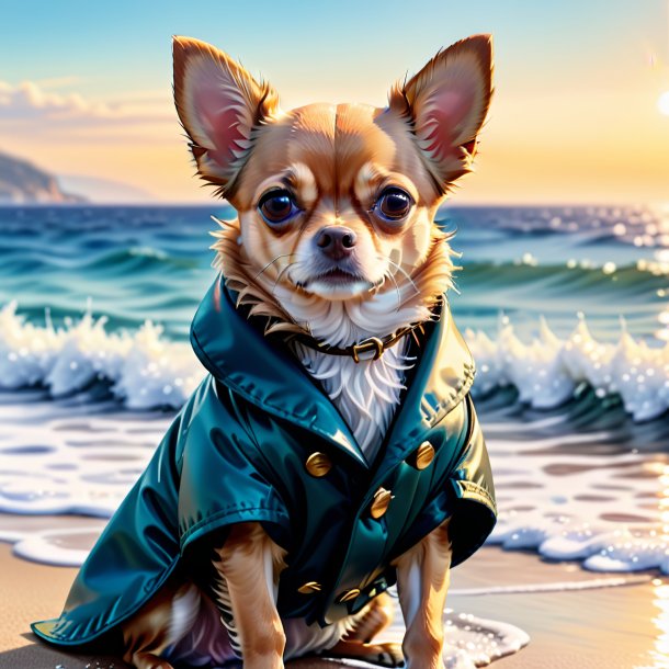 Ilustración de un chihuahua en un abrigo en el mar