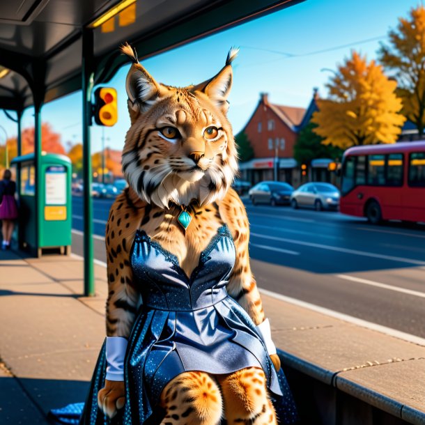 Picture of a lynx in a dress on the bus stop