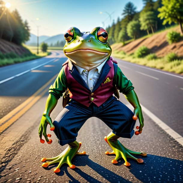 Image of a frog in a trousers on the road