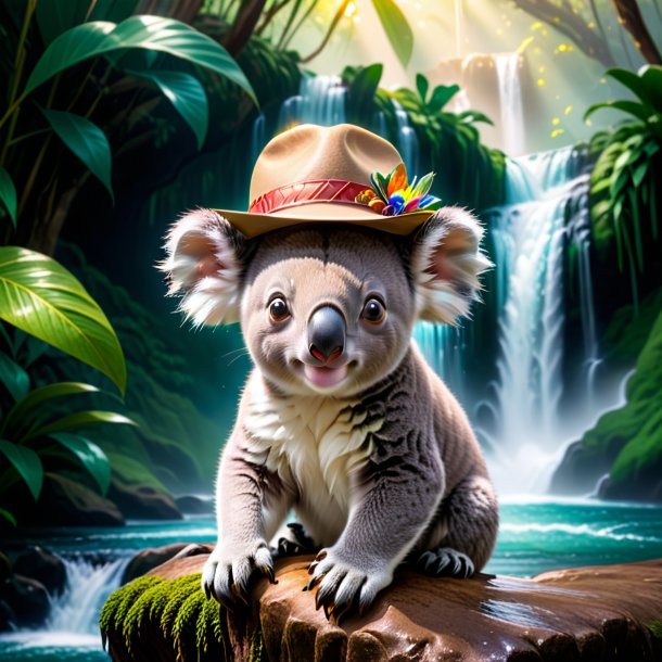 Image of a koala in a hat in the waterfall