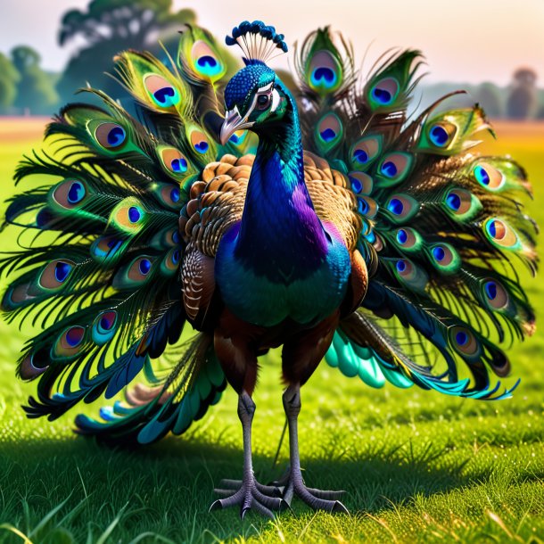 Picture of a peacock in a gloves on the field