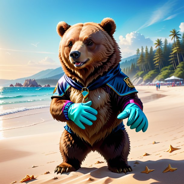 Illustration of a bear in a gloves on the beach