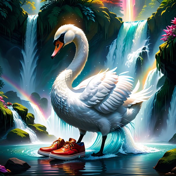 Illustration of a swan in a shoes in the waterfall