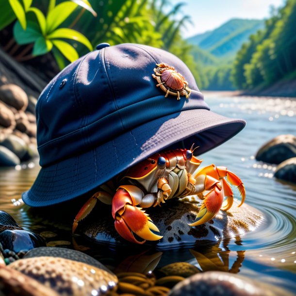 Foto de un cangrejo ermitaño en una gorra en el río