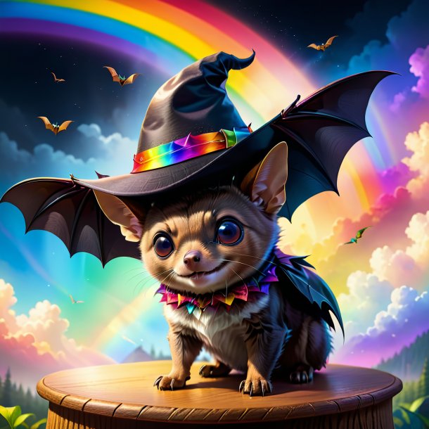 Drawing of a bat in a hat on the rainbow