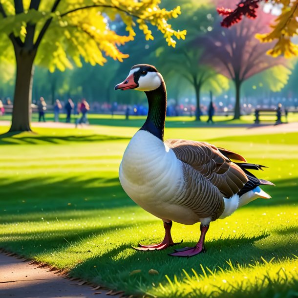 Image of a goose in a belt in the park