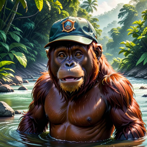 Illustration of a orangutan in a cap in the river