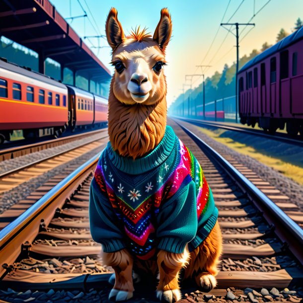 Dibujo de una llama en un suéter en las vías del ferrocarril