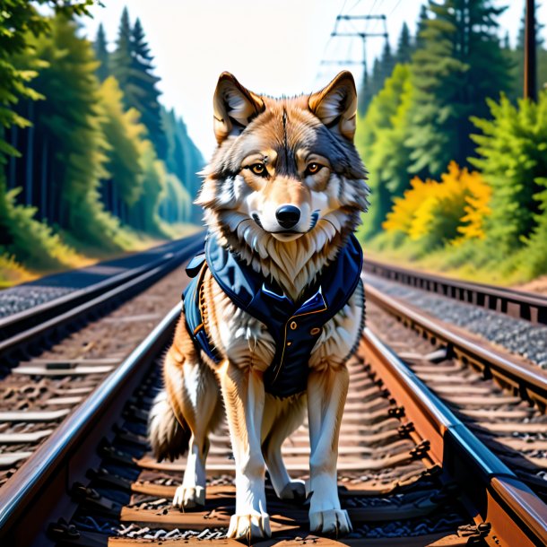 Foto de um lobo em um colete nos trilhos ferroviários