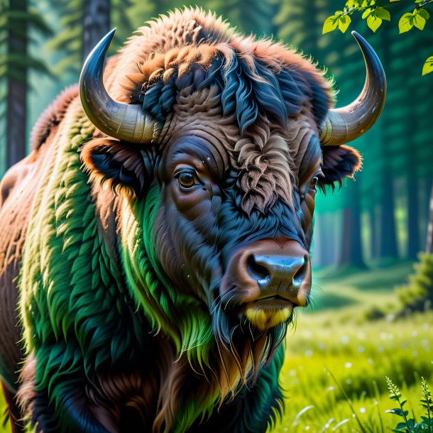 Photo of a bison in a green coat