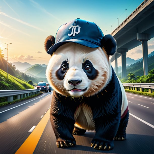 Ilustración de un panda gigante en una gorra en la carretera