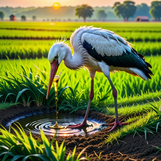 Photo of a drinking of a stork on the field