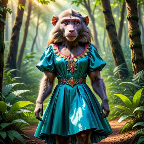 Picture of a baboon in a dress in the forest