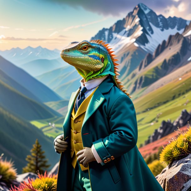 Image of a lizard in a coat in the mountains