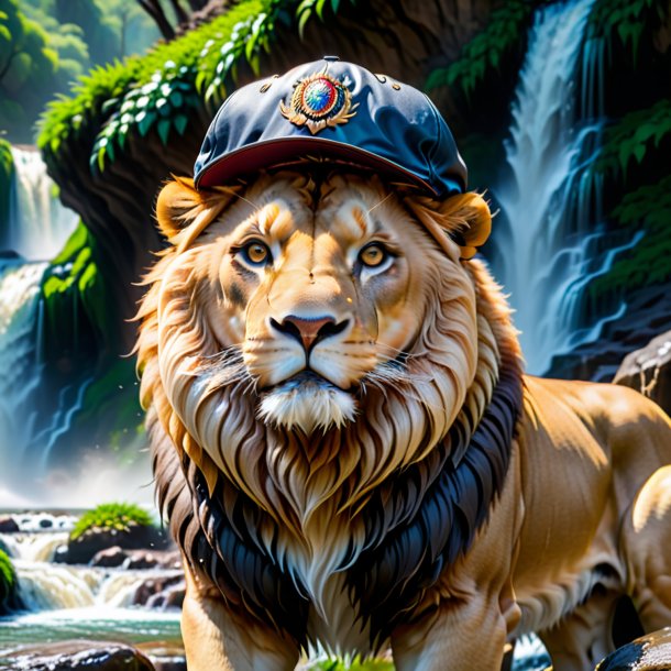 Pic of a lion in a cap in the waterfall