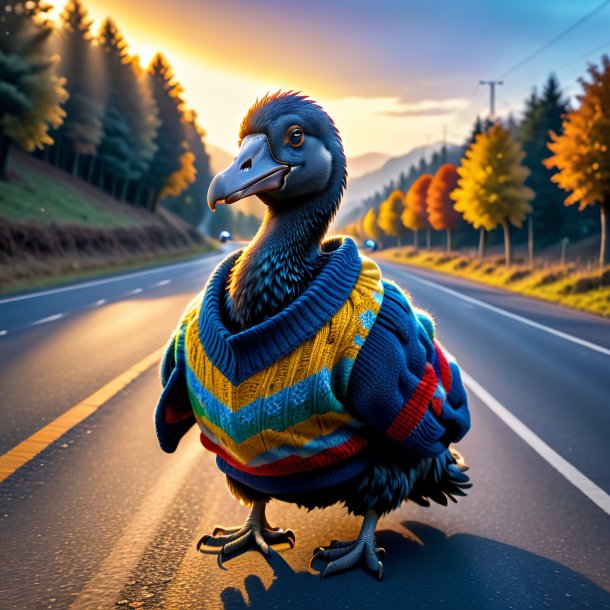 Image of a dodo in a sweater on the road