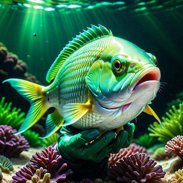 Image of a fish in a green gloves