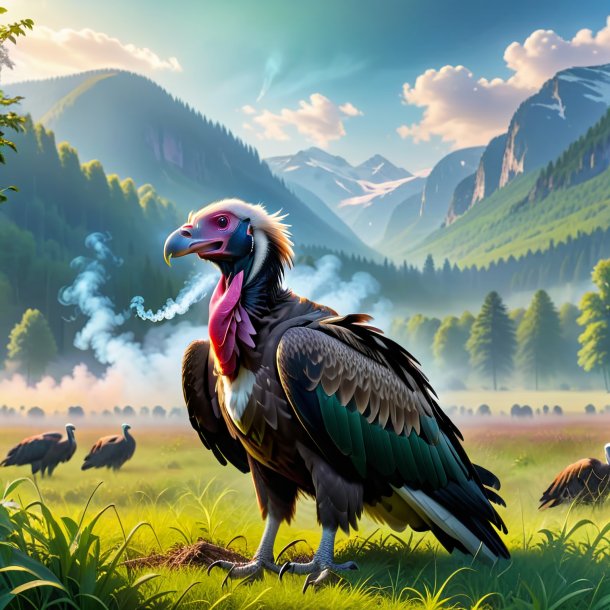 Pic of a smoking of a vulture in the meadow