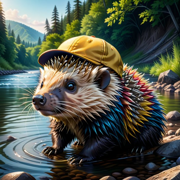 Illustration of a porcupine in a cap in the river