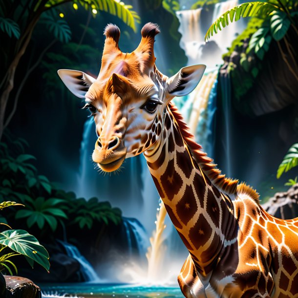 Photo of a giraffe in a hat in the waterfall