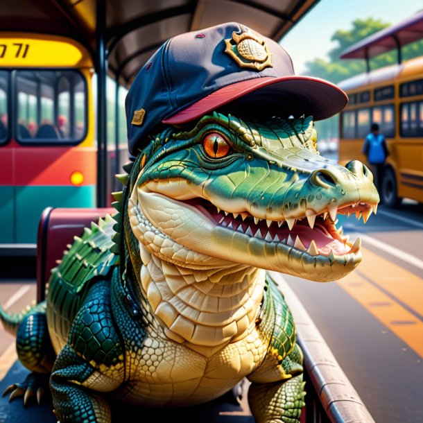 Photo d'un crocodile dans une casquette sur l'arrêt de bus