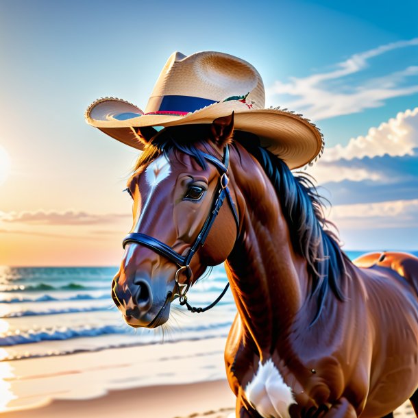 Photo of a horse in a hat on the beach