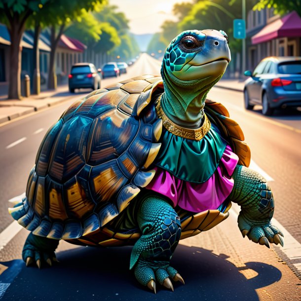 Dessin d'une tortue dans une robe sur la route